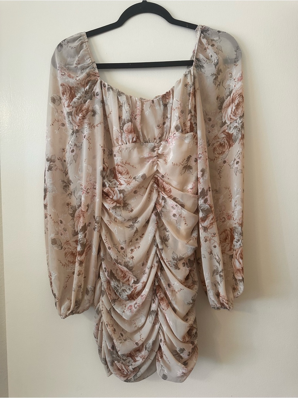 Windsor Beige Floral Ruched Mini Dress